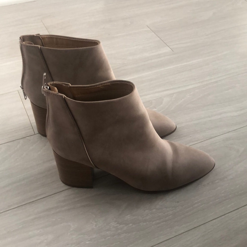 Taupe booties with wood heel. WORN ONCE